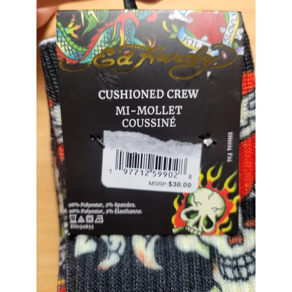 Ed Hardy 3pack Men's Cushioned Crew Socks skulls Tigers flames size 6-12 NEW